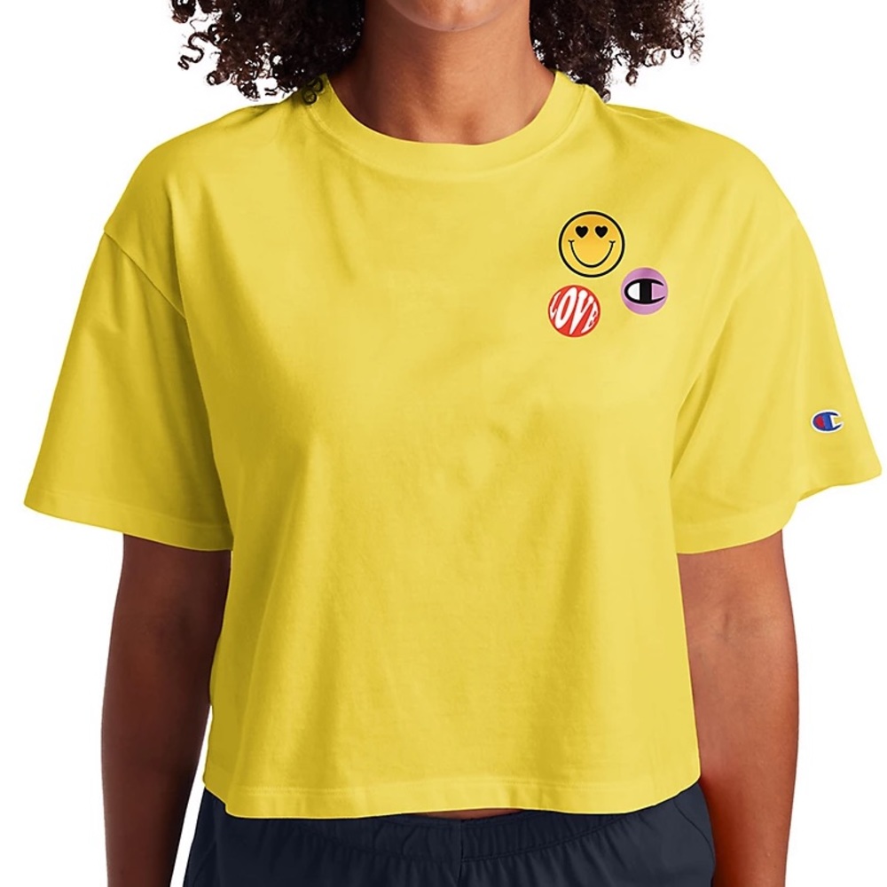 Champion Smilie Face & Love Patch Short Sleeve Yellow Cropped Top